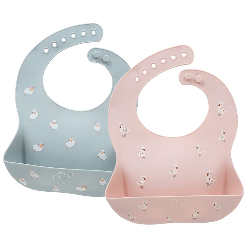 Little Dimsum Baby Bibs 2Pcs Silicone Baby Feeding Bibs Easily Adjustable and Wipe Clean Soft Waterproof Weaning Bibs Perfect Food Crumb Catcher for Babies & Toddlers (Duck&Sheep - Image 1
