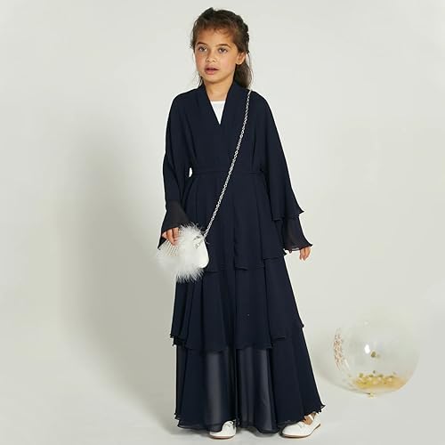 ODIZLI Abaya For Girls Kids Muslim Chiffon layered Open Abaya Dress Dubai Turkey Kaftan Cardigan Abayas Dresses For Girl Casual Robe Kimono Islam Clothing Prayer Clothing Black 5-6 Years - Image 2