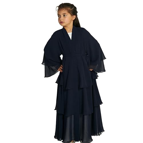 ODIZLI Abaya For Girls Kids Muslim Chiffon layered Open Abaya Dress Dubai Turkey Kaftan Cardigan Abayas Dresses For Girl Casual Robe Kimono Islam Clothing Prayer Clothing Black 5-6 Years - Image 1
