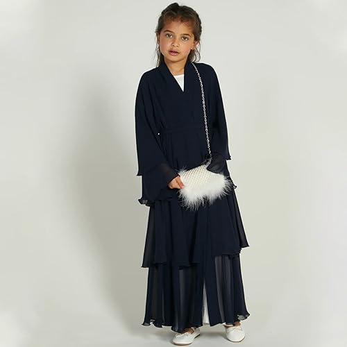 ODIZLI Abaya For Girls Kids Muslim Chiffon layered Open Abaya Dress Dubai Turkey Kaftan Cardigan Abayas Dresses For Girl Casual Robe Kimono Islam Clothing Prayer Clothing Black 5-6 Years - Image 3