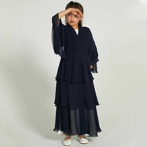 ODIZLI Abaya For Girls Kids Muslim Chiffon layered Open Abaya Dress Dubai Turkey Kaftan Cardigan Abayas Dresses For Girl Casual Robe Kimono Islam Clothing Prayer Clothing Black 5-6 Years - Image 5