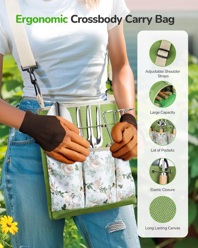 Grenebo All-in-One Garden Tool Set, 11-Piece Heavy Duty Gardening Tools with Ergonomic Canvas Shoulder Crossbody Bag, Rust-Proof Premium Garden Tool Kit, Gardening Gift for Women Men, Green, GR003 - Image 4