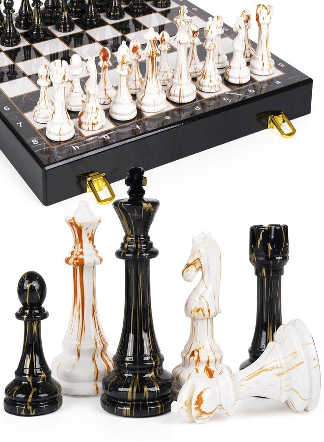 Kvintes 15" Large Chess Set for Adults with Weighted Acrylic Chess Pieces 3.5" King & Portable Folding Marbling Wooden Chess Board Travel Chess Sets Family Board Game Gift - Elegant Classic Chess Game - Image 1