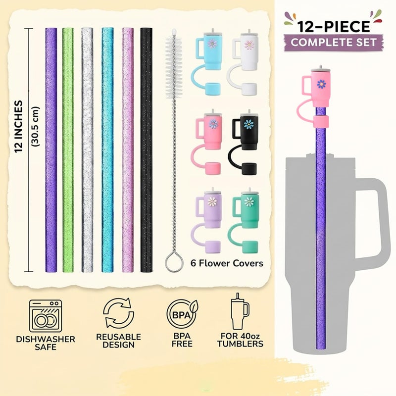 Haundry 12 Pack Replacement Glitter Straws and Covers for 40 oz Stanley Adventure Travel Tumbler Cup, Reusable Glitter Straws with Cleaning Brush, Compatible with 40oz 30oz 20oz 14oz Stanley Water Jug, 12inch - Image 2