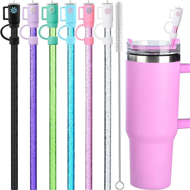 Haundry 12 Pack Replacement Glitter Straws and Covers for 40 oz Stanley Adventure Travel Tumbler Cup, Reusable Glitter Straws with Cleaning Brush, Compatible with 40oz 30oz 20oz 14oz Stanley Water Jug, 12inch - Image 1