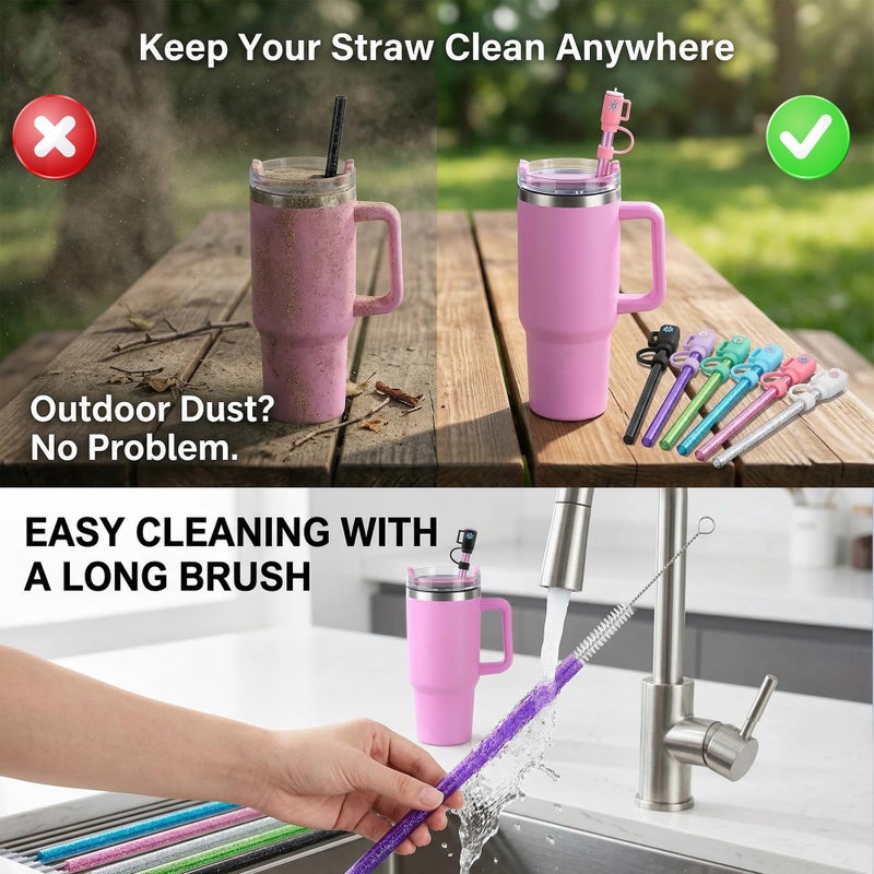 Haundry 12 Pack Replacement Glitter Straws and Covers for 40 oz Stanley Adventure Travel Tumbler Cup, Reusable Glitter Straws with Cleaning Brush, Compatible with 40oz 30oz 20oz 14oz Stanley Water Jug, 12inch - Image 5