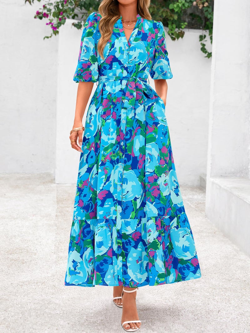 MASCOMODA Womens Floral Maxi Dresses Boho Summer Casual V Neck 3/4 Puff Sleeve Button Down Tie Waist Long Flowy Shirt Dress(Floral Blue,Large) - Image 2