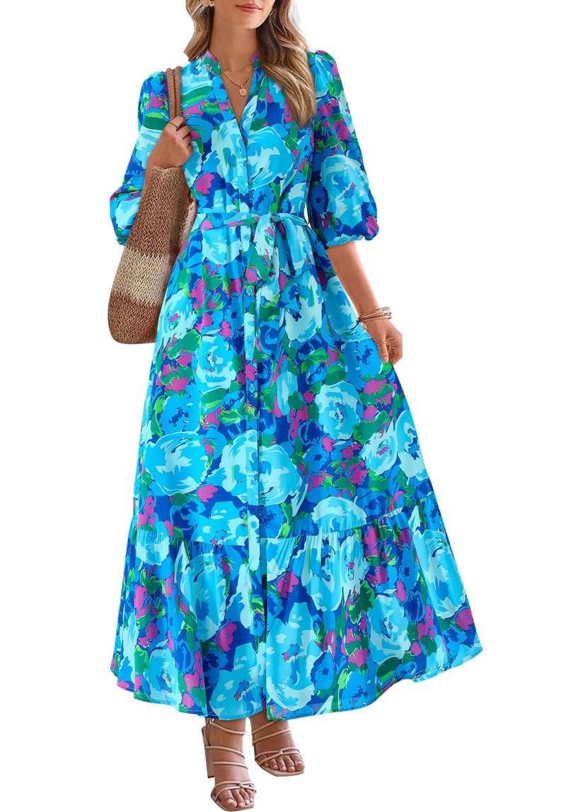 MASCOMODA Womens Floral Maxi Dresses Boho Summer Casual V Neck 3/4 Puff Sleeve Button Down Tie Waist Long Flowy Shirt Dress(Floral Blue,Large) - Image 1