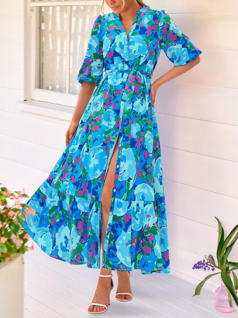 MASCOMODA Womens Floral Maxi Dresses Boho Summer Casual V Neck 3/4 Puff Sleeve Button Down Tie Waist Long Flowy Shirt Dress(Floral Blue,Large) - Image 5