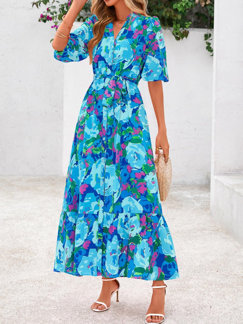 MASCOMODA Womens Floral Maxi Dresses Boho Summer Casual V Neck 3/4 Puff Sleeve Button Down Tie Waist Long Flowy Shirt Dress(Floral Blue,Large) - Image 4