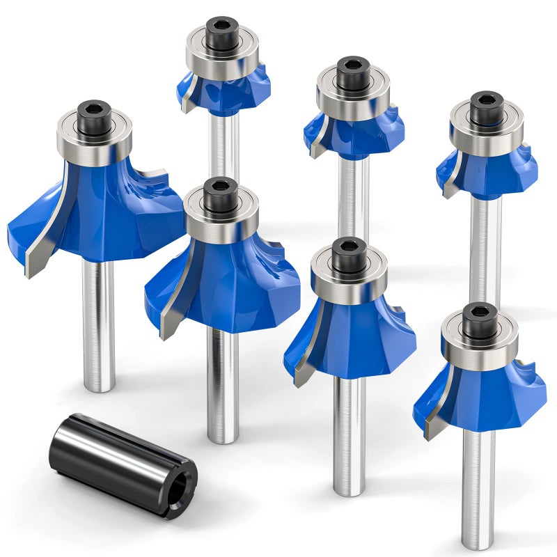 Meiggtool 7Pcs 1/4"" Inch Shanks Roundover Edging Router Bit Set Round Radius: 1/2"" 3/8"" 5/16"" 1/4"" 7/32"" 3/16"" 1/8"" - Image 1