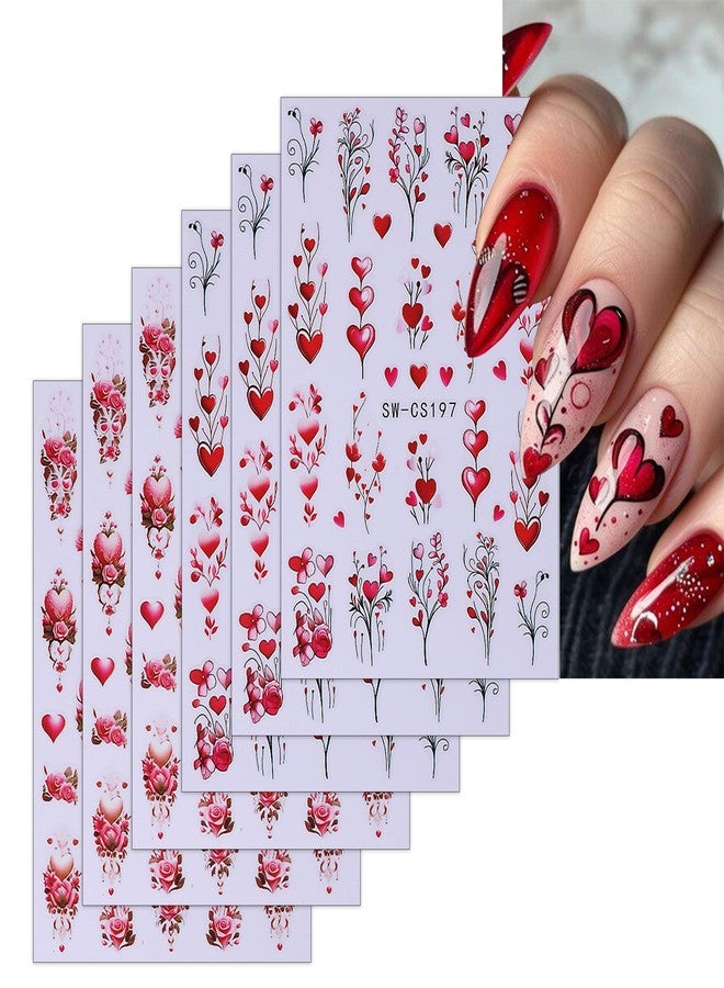 ZEYER Valentine's Day Nail Art Stickers Decals Red Love Tree Rose Valentine's Day Nail Stickers 6PCS Red Heart Romantic Valentine's Day Nail Decals Nail Adhesive Sliders for Women Manicure Decor 6PCS - Image 1