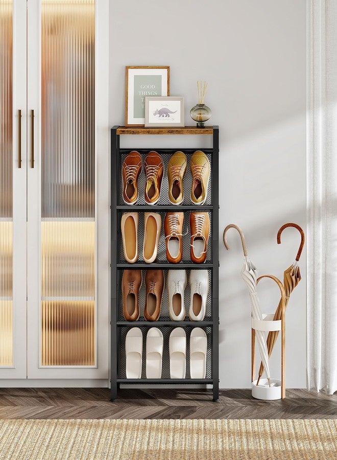 CHOEZON Shoe Rack, 5-Tier Slanted Shoe Rack, Narrow Shoe Storage Shelf, Slim Shoe Organizer for Entryway, Space-Saving, Wooden Top and Metal Frame, for Entryway, Hallway Rustic Brown and Black TXJ03BF - Image 2