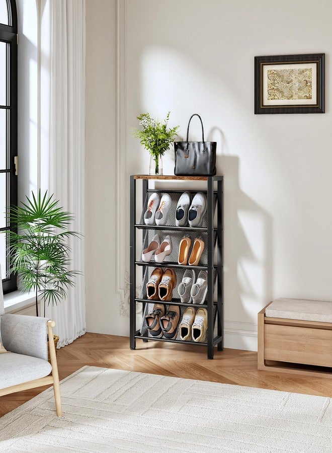 CHOEZON Shoe Rack, 5-Tier Slanted Shoe Rack, Narrow Shoe Storage Shelf, Slim Shoe Organizer for Entryway, Space-Saving, Wooden Top and Metal Frame, for Entryway, Hallway Rustic Brown and Black TXJ03BF - Image 4