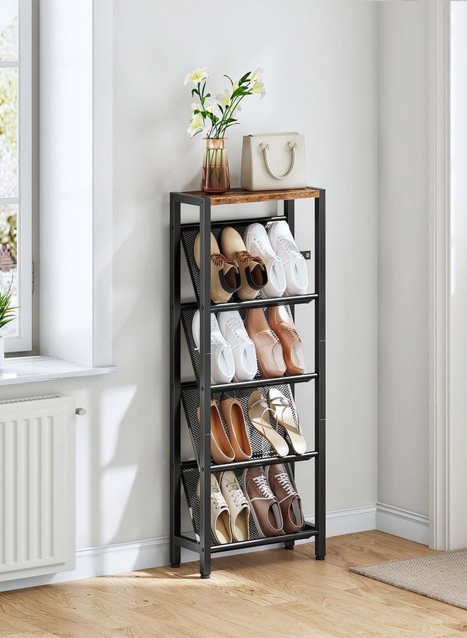 CHOEZON Shoe Rack, 5-Tier Slanted Shoe Rack, Narrow Shoe Storage Shelf, Slim Shoe Organizer for Entryway, Space-Saving, Wooden Top and Metal Frame, for Entryway, Hallway Rustic Brown and Black TXJ03BF - Image 5