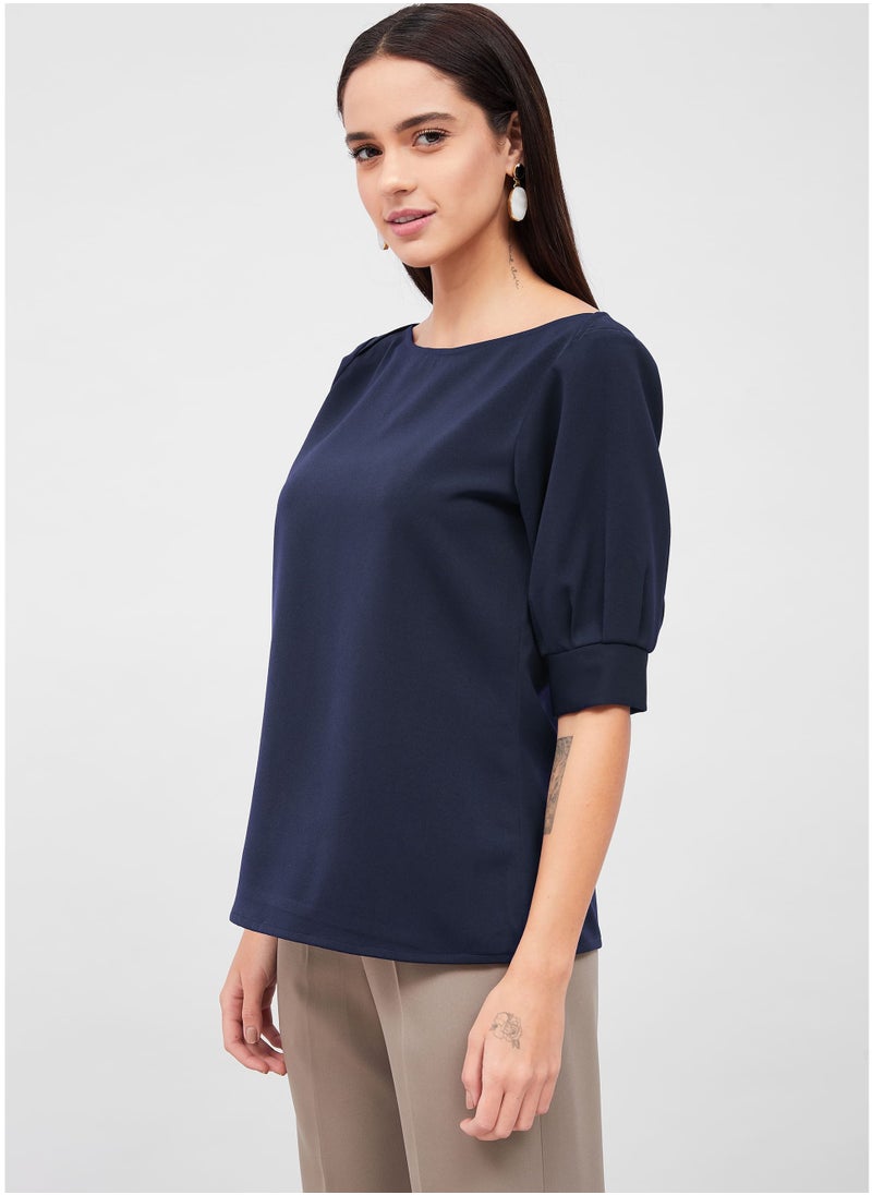 Salt Attire Women's Solid Navy Top with Elegant Boat Neckline and Darted Sleeves, Versatile and Sophisticated for Professional, Casual, and Evening Looks  - Image 2