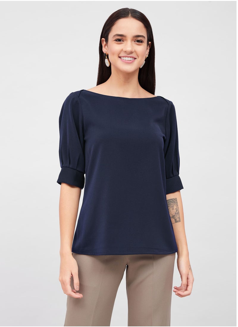 Salt Attire Women's Solid Navy Top with Elegant Boat Neckline and Darted Sleeves, Versatile and Sophisticated for Professional, Casual, and Evening Looks  - Image 1