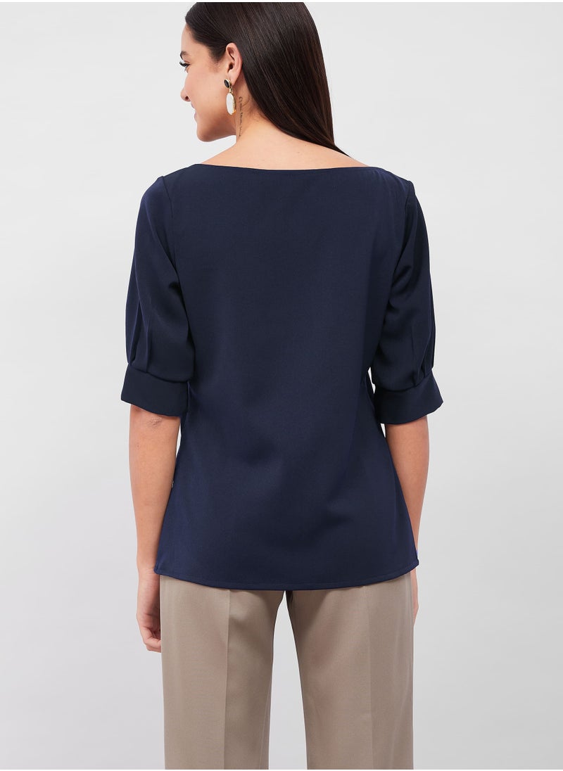 Salt Attire Women's Solid Navy Top with Elegant Boat Neckline and Darted Sleeves, Versatile and Sophisticated for Professional, Casual, and Evening Looks  - Image 4
