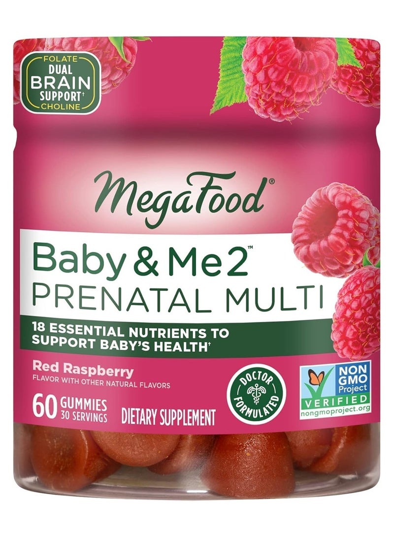 MegaFood Prenatal Multi Baby & Me 2, Doctor Formulated, 18 essential nutrients including folic acid & choline to support baby's healthy brain development, Dietary Supplement, 60 Gummies | 30 Servings, Red Raspberry - Image 1