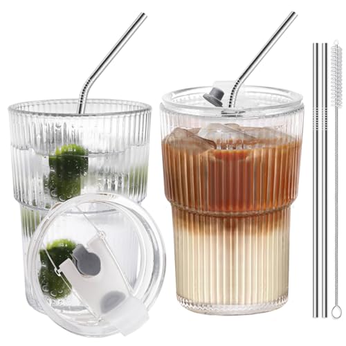 HIGIINC Iced Coffee Cups With Lids and Straws 2 Pcs 16 OZ Unbreakable Cup Drinking SetClear Plastic Cups Reusable Iced Coffee Tumbler with Lid and Straw To Go Coffee Cups Dishwasher Safe - Image 1