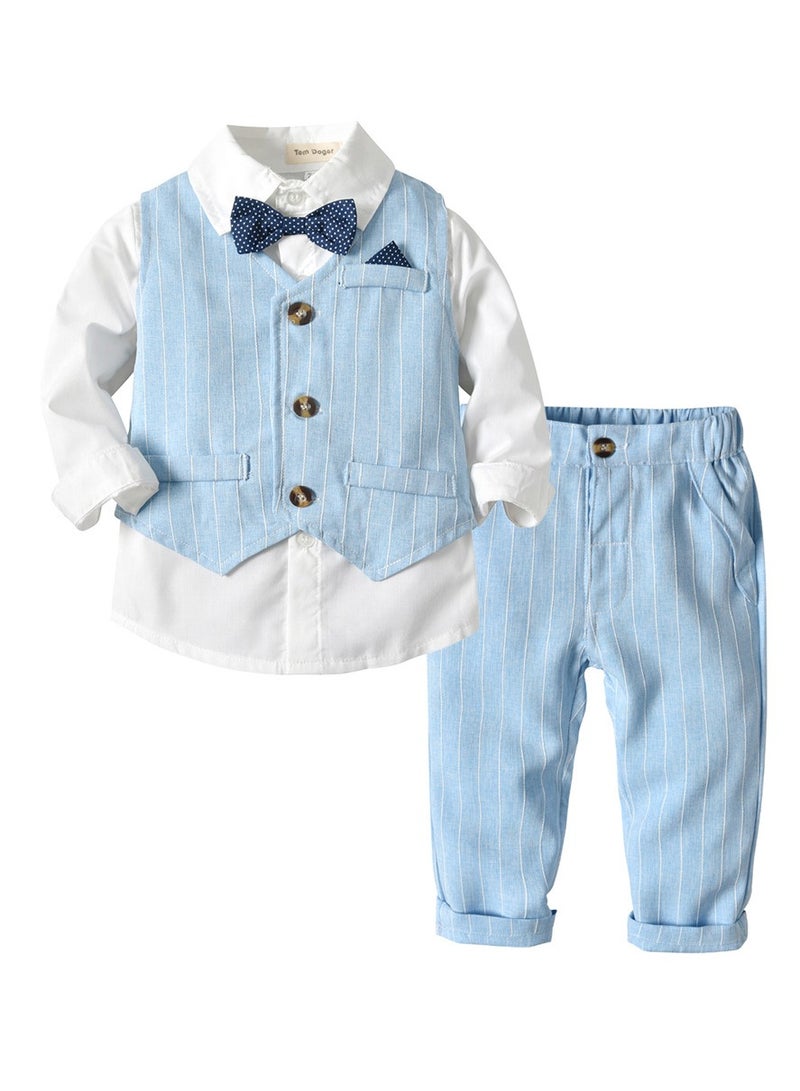3 Pcs Light Blue Baby Boy Formal Outfit Set, Cotton Vest, Shirt and Pants with Bow Tie, for Eid, Aqiqah, Weddings, Birthdays, Infant Size 3–6M, 70cm - Image 1