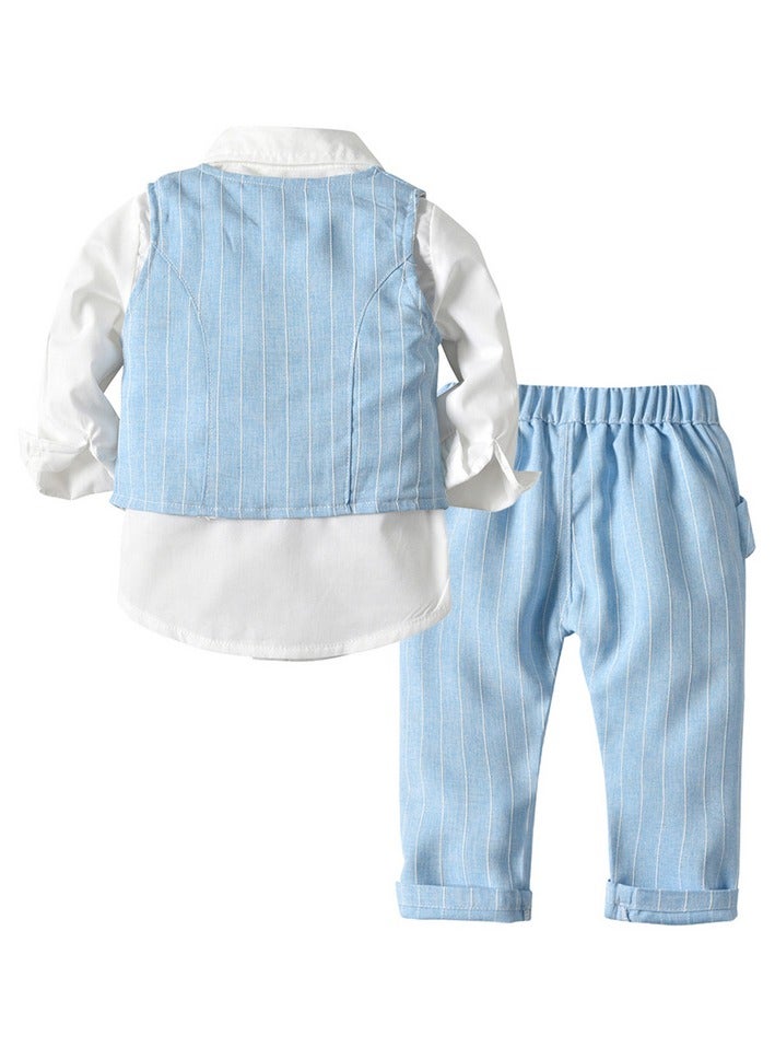3 Pcs Light Blue Baby Boy Formal Outfit Set, Cotton Vest, Shirt and Pants with Bow Tie, for Eid, Aqiqah, Weddings, Birthdays, Infant Size 3–6M, 70cm - Image 2