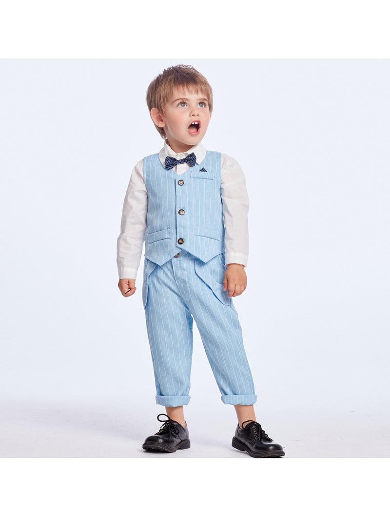 3 Pcs Light Blue Baby Boy Formal Outfit Set, Cotton Vest, Shirt and Pants with Bow Tie, for Eid, Aqiqah, Weddings, Birthdays, Infant Size 3–6M, 70cm - Image 4
