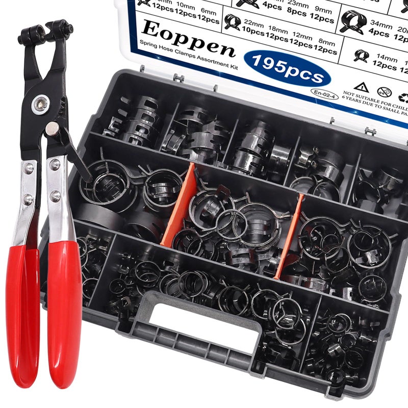 Eoppen 195Pcs 6-38mm Spring Hose Clamps Assortment Kit with Swivel Flat Band Fuel Hose Clamp Plier - 23 Sizes Fuel Line Silicone Vacuum Hose Low Pressure Air Clamps - Image 1
