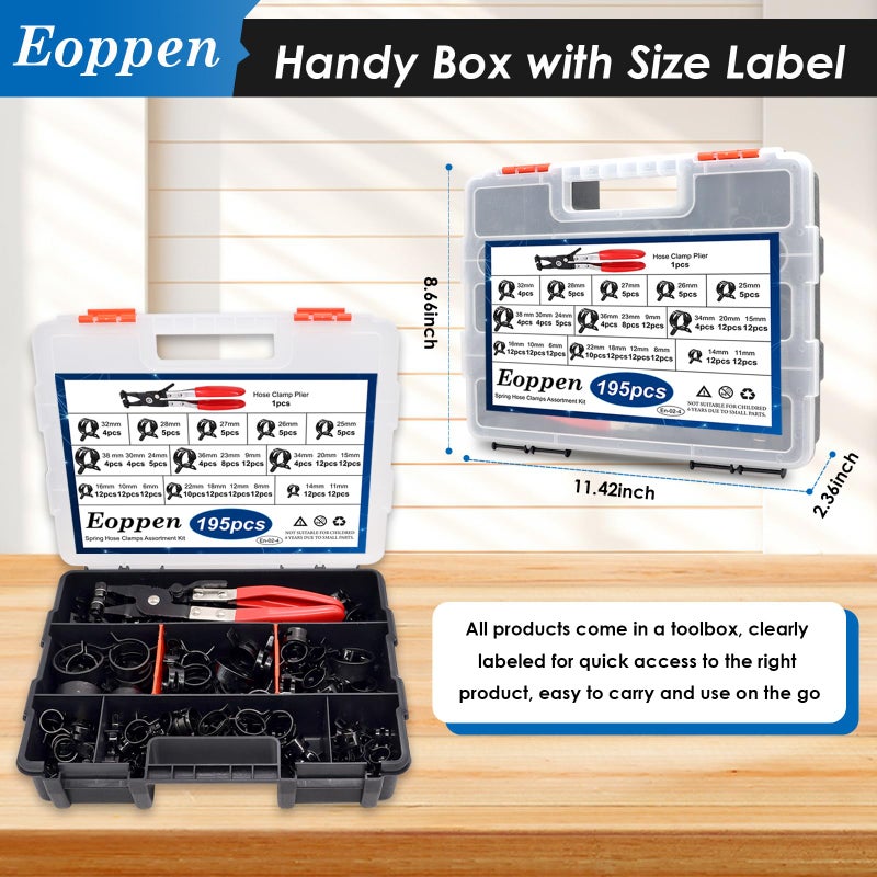 Eoppen 195Pcs 6-38mm Spring Hose Clamps Assortment Kit with Swivel Flat Band Fuel Hose Clamp Plier - 23 Sizes Fuel Line Silicone Vacuum Hose Low Pressure Air Clamps - Image 2