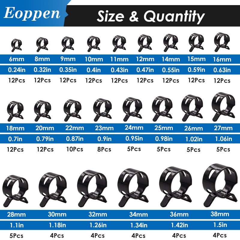 Eoppen 195Pcs 6-38mm Spring Hose Clamps Assortment Kit with Swivel Flat Band Fuel Hose Clamp Plier - 23 Sizes Fuel Line Silicone Vacuum Hose Low Pressure Air Clamps - Image 4