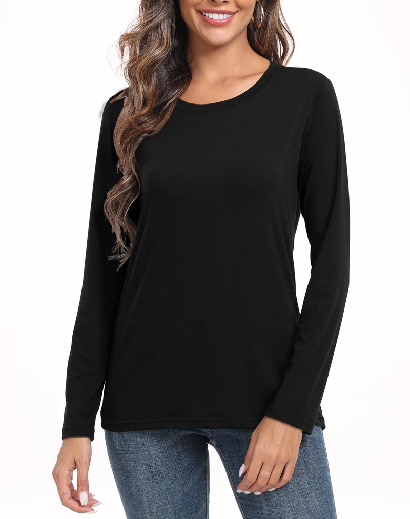 PRIMODA Women's Crew Neck Long Sleeve Shirts Basic Loose Fit Layering Tops Cotton Blend Black,M - Image 1