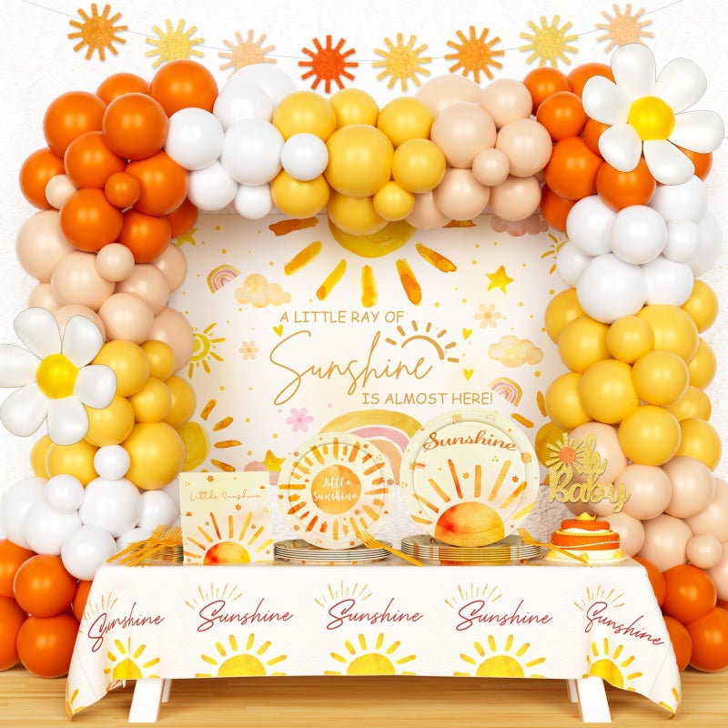 Hombae Sunshine Baby Shower Decorations for Girl, A Little Ray of Sunshine is Almost Here Party Decorations, Boho Sun Baby Shower Decorations Backdrop Balloons Banner Tablecloth Plates Napkins Forks - Image 1