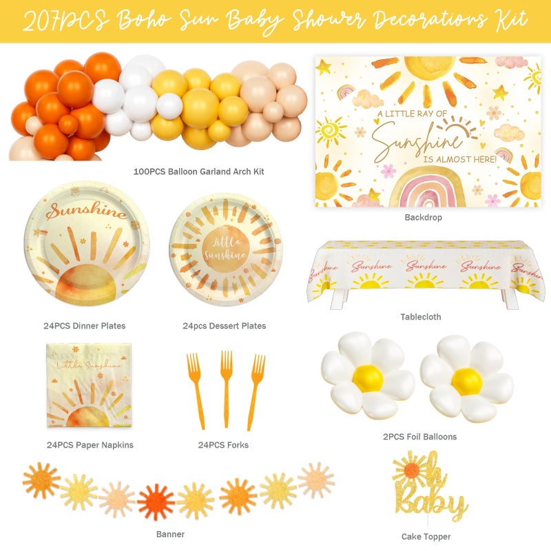 Hombae Sunshine Baby Shower Decorations for Girl, A Little Ray of Sunshine is Almost Here Party Decorations, Boho Sun Baby Shower Decorations Backdrop Balloons Banner Tablecloth Plates Napkins Forks - Image 2