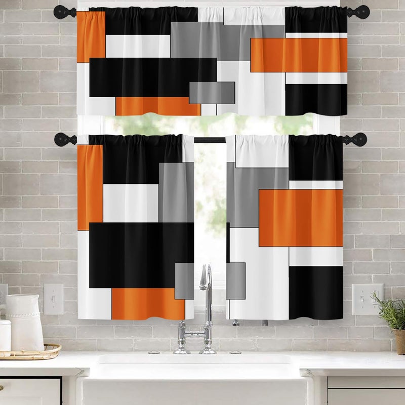 Tayney Orange Kitchen Window Curtains Valance and Tier Set 36 Inch, Black Grey White Modern Rod Pocket Short Tier Curtain for Bathroom, Abstract Art Small Cafe Drapes for Kitchen Decor - Image 1
