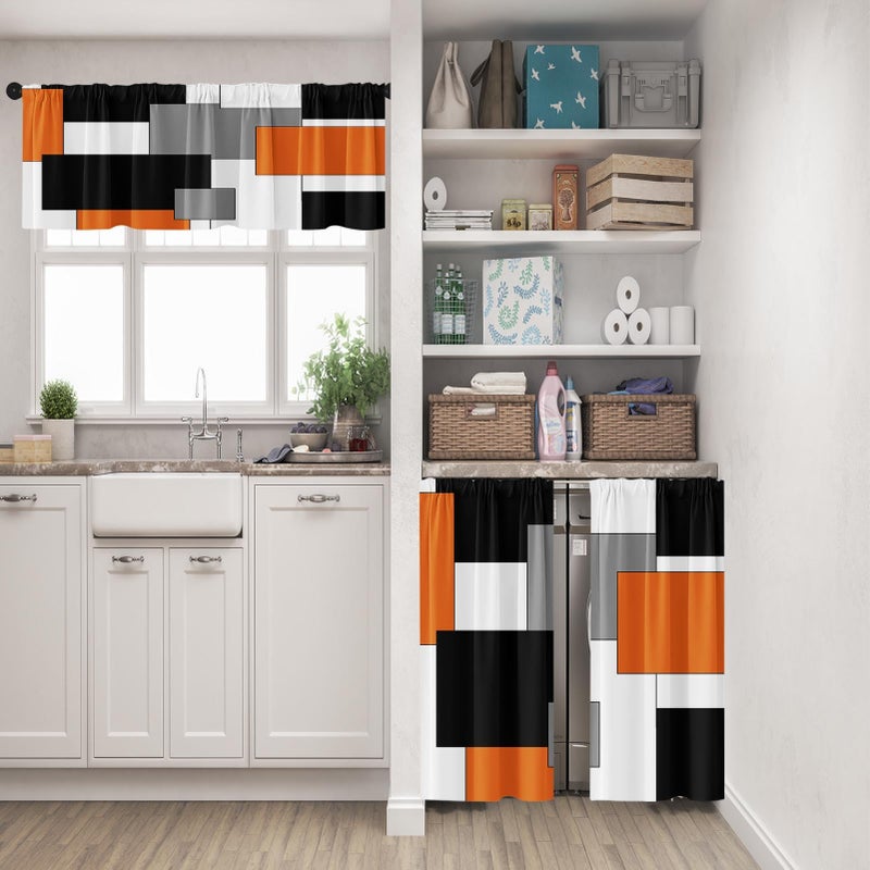 Tayney Orange Kitchen Window Curtains Valance and Tier Set 36 Inch, Black Grey White Modern Rod Pocket Short Tier Curtain for Bathroom, Abstract Art Small Cafe Drapes for Kitchen Decor - Image 2
