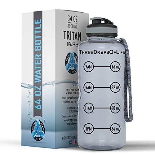 Three Drops of Life 64oz Tritan Plastic Water Bottle, Large, Smoke Gray, High Capacity Hydration Tracker, BPA Free, Reusable, Best for Indoor, Outdoor, Sports Use - Image 1