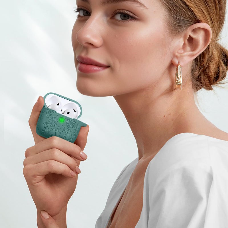 DAQIN for Airpods 4 Case, DaQin Flower Engraved Case Compatible with Apple Airpods 4th Generation Cases for Women, Cute Soft Silicone Full Protective Cases Cover with Cleaner Kit & Keychain, PineGreen - Image 3
