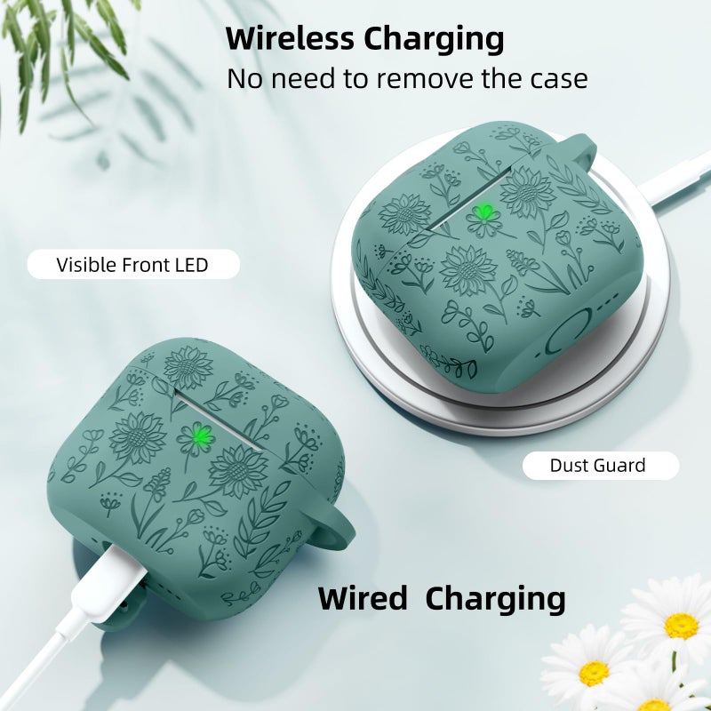 DAQIN for Airpods 4 Case, DaQin Flower Engraved Case Compatible with Apple Airpods 4th Generation Cases for Women, Cute Soft Silicone Full Protective Cases Cover with Cleaner Kit & Keychain, PineGreen - Image 4