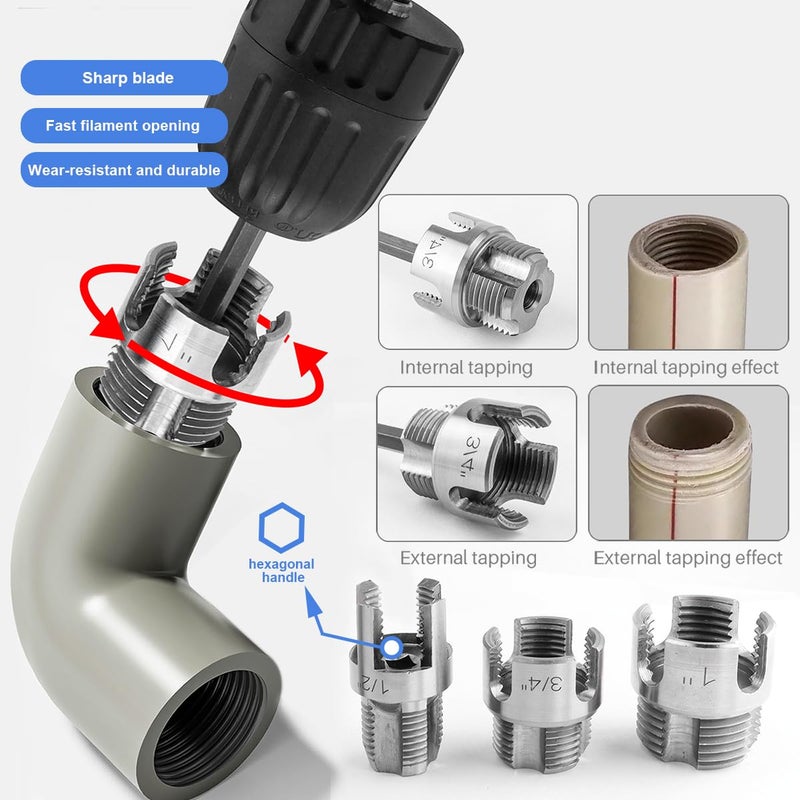Wolfride 3Pcs Pipe Thread Cutting Tool, Integrated Internal & External Pipe Threading Tool PVC & Plastic Pipe Threader Kit 1/2" 3/4" 1" - Image 5