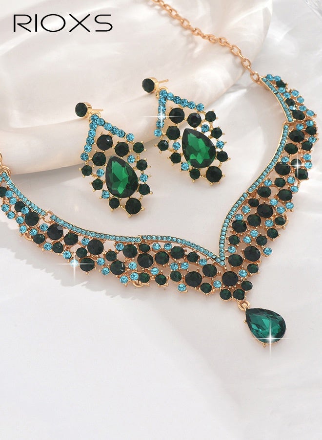 RIOXS Wedding Bridal Jewelry Set, Beaded Necklace and Earring Set with Rhinestone Chains, Clear Stones, Vintage Fashion Jewelry Accessories for Women - Image 1