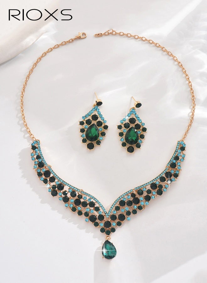 RIOXS Wedding Bridal Jewelry Set, Beaded Necklace and Earring Set with Rhinestone Chains, Clear Stones, Vintage Fashion Jewelry Accessories for Women - Image 2