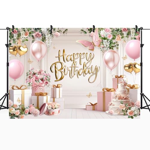 Riyidecor Happy Birthday Backdrop for Women Fabric Pink Flowers Balloons Elegant Floral Cake 7Wx5H Feet for Princess Girls Bday Photography Background Birthday Baby Shower Photo Studio Shoot - Image 4