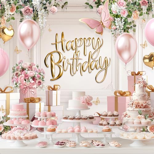 Riyidecor Happy Birthday Backdrop for Women Fabric Pink Flowers Balloons Elegant Floral Cake 7Wx5H Feet for Princess Girls Bday Photography Background Birthday Baby Shower Photo Studio Shoot - Image 2