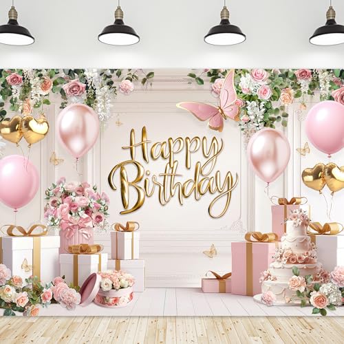 Riyidecor Happy Birthday Backdrop for Women Fabric Pink Flowers Balloons Elegant Floral Cake 7Wx5H Feet for Princess Girls Bday Photography Background Birthday Baby Shower Photo Studio Shoot - Image 1