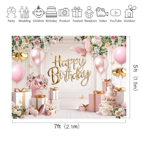 Riyidecor Happy Birthday Backdrop for Women Fabric Pink Flowers Balloons Elegant Floral Cake 7Wx5H Feet for Princess Girls Bday Photography Background Birthday Baby Shower Photo Studio Shoot - Image 3