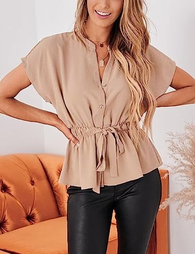 CiCiBird Womens Button Down Blouses Casual Peplum Summer Tops Dressy Chiffon Work Blouse Apricot - Image 4