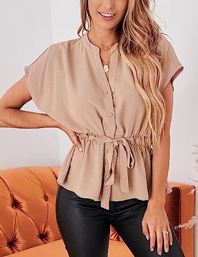 CiCiBird Womens Button Down Blouses Casual Peplum Summer Tops Dressy Chiffon Work Blouse Apricot - Image 3
