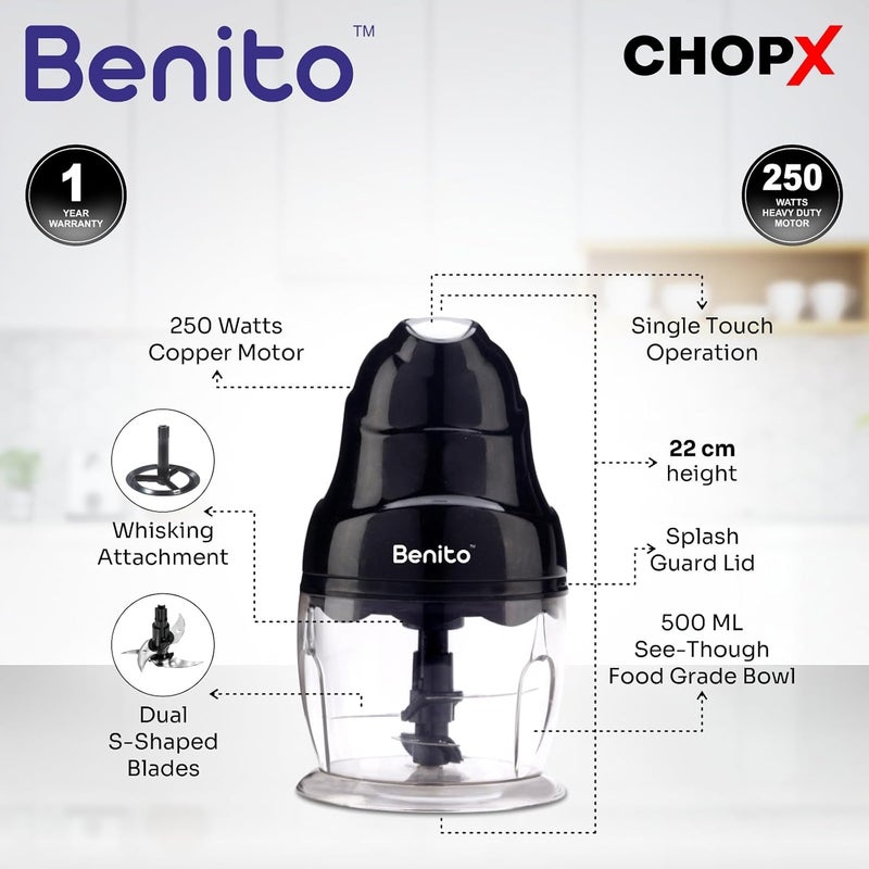Benito ChopX 250W Electric Chopper Powerful Motor Dual Stainless Steel Blades OneTouch Operation Sleek Black Design with 500ml Transparent Bowl 1Year Warranty - Image 2