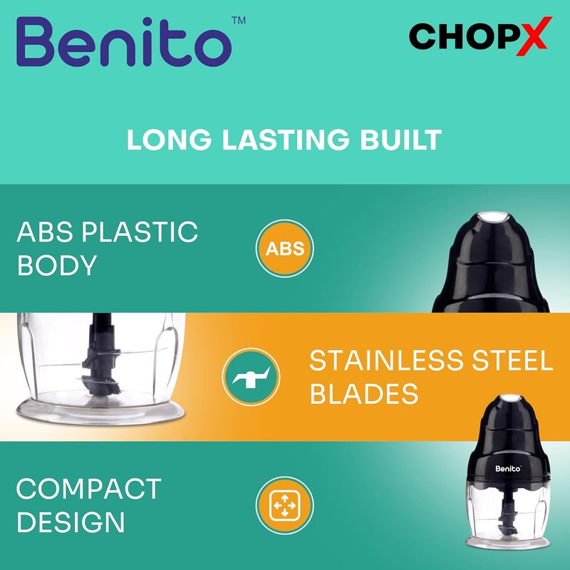 Benito ChopX 250W Electric Chopper Powerful Motor Dual Stainless Steel Blades OneTouch Operation Sleek Black Design with 500ml Transparent Bowl 1Year Warranty - Image 5
