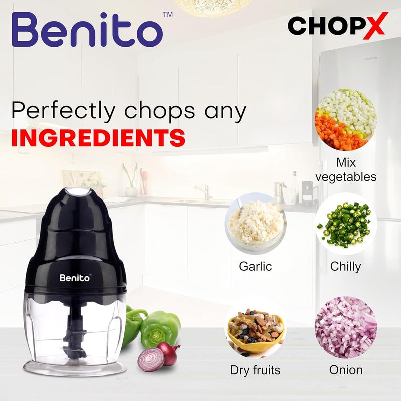 Benito ChopX 250W Electric Chopper Powerful Motor Dual Stainless Steel Blades OneTouch Operation Sleek Black Design with 500ml Transparent Bowl 1Year Warranty - Image 4